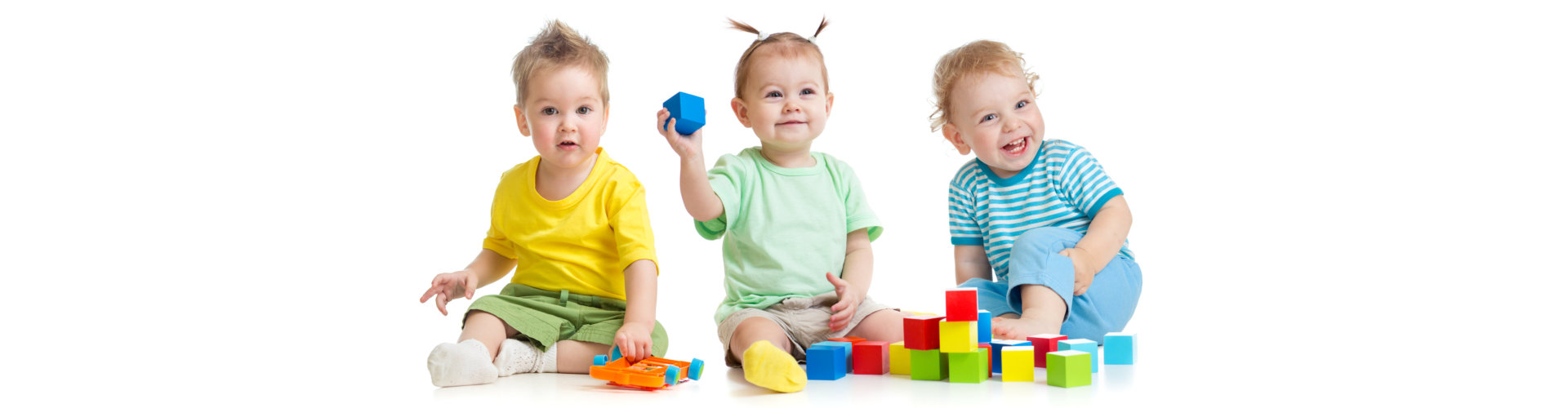 Funny children group playing colorful toys isolated